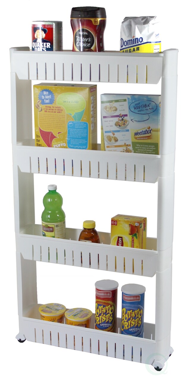 Basicwise Slim Storage Cart - 4 Tier Rolling Organizer Cabinet with Adjustable Shelves, Wheels, Freestanding, Fits Between Fridge and Counter, for Kitchen, Bathroom, Laundry, 4.75" W x 40.2" H, White
